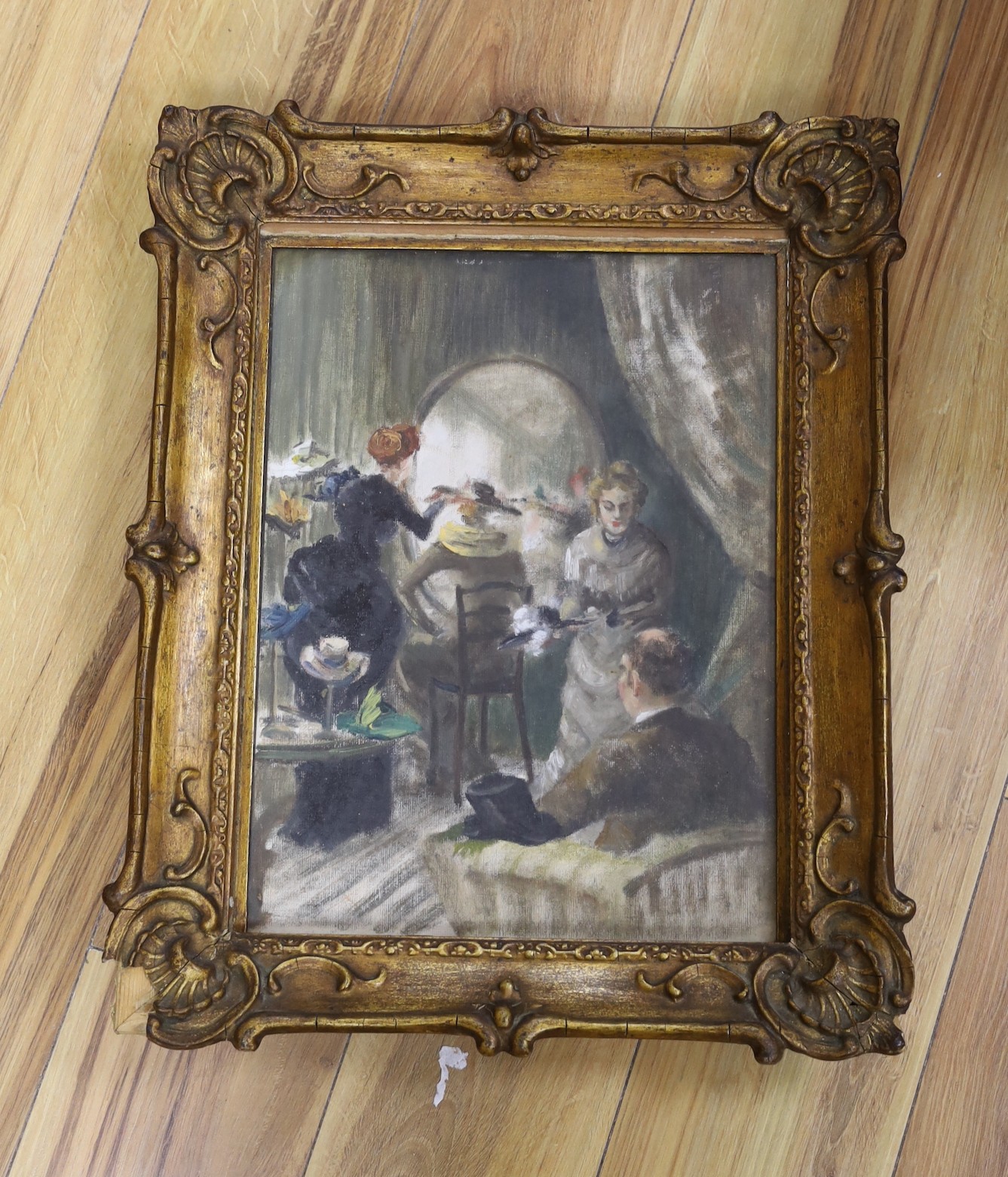 French school, 20th century, Interior of hatshop, oil on canvas, 40 x 30cm